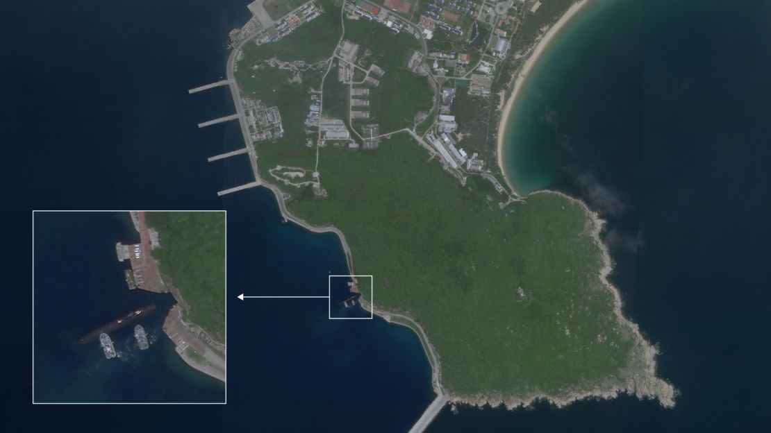 Satellite image of Aug. 18, 2020, appears to show a Chinese submarine using an underground base on Hainan Island on the South China Sea.