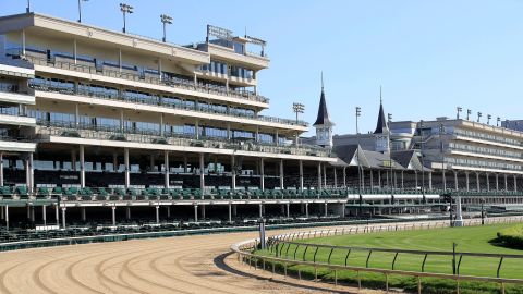 A view of the twin spires and empty grandstand from the first turn at Churchill Downs in Louisville, Kentucky, where the Kentucky Derby is run.
