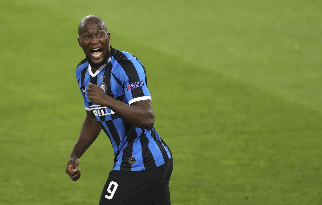 Inter Milan forward Romelu Lukaku celebrates scoring the opening goal.