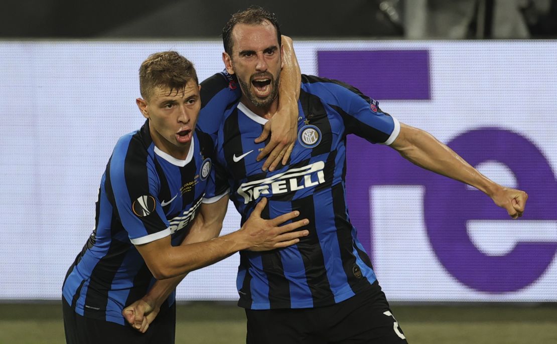 Inter's Diego Godin celebrates his goal that drew the two sides level in the first half.