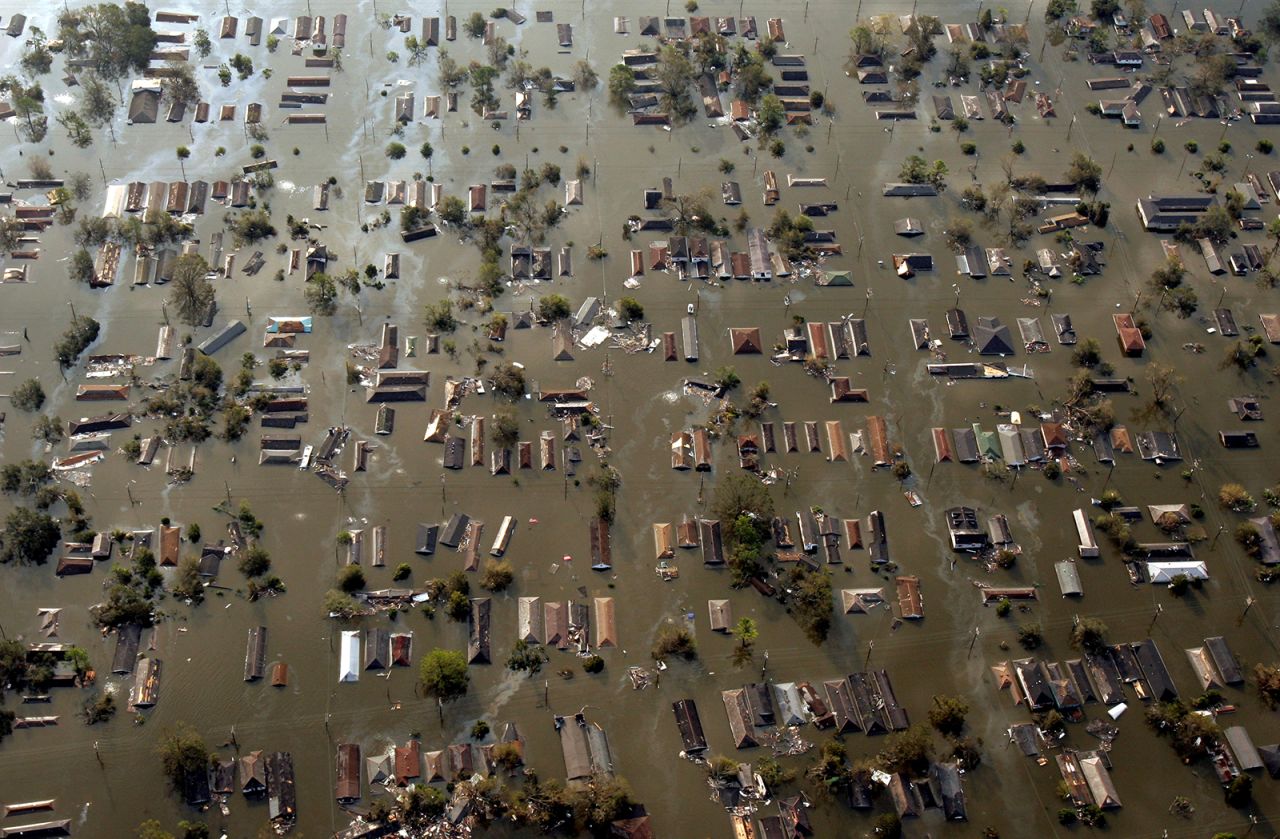 Water surrounds homes just east of downtown New Orleans the day after Hurricane Katrina made landfall in August 2005.