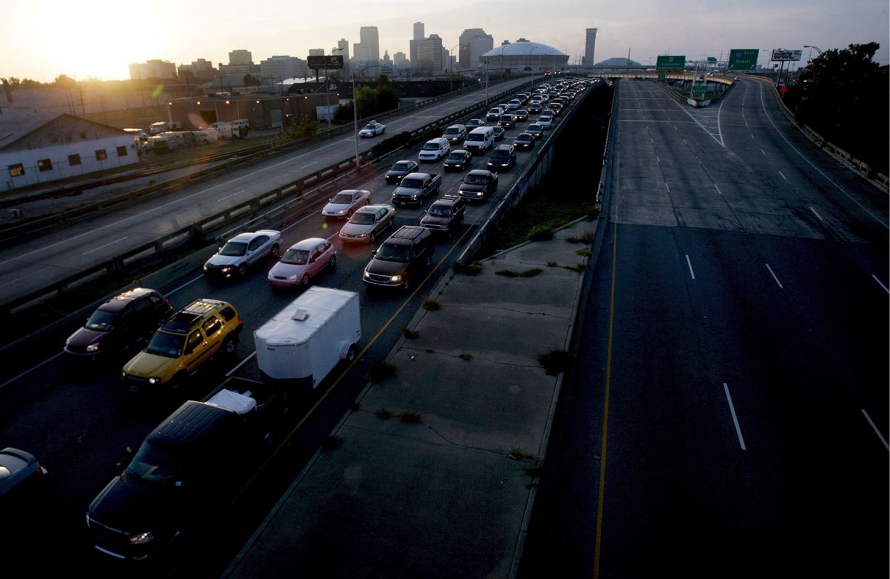 Cars sit in traffic as people flee New Orleans on August 28, 2005. The next day, Katrina made landfall as a Category 3 hurricane with winds near 127 mph.