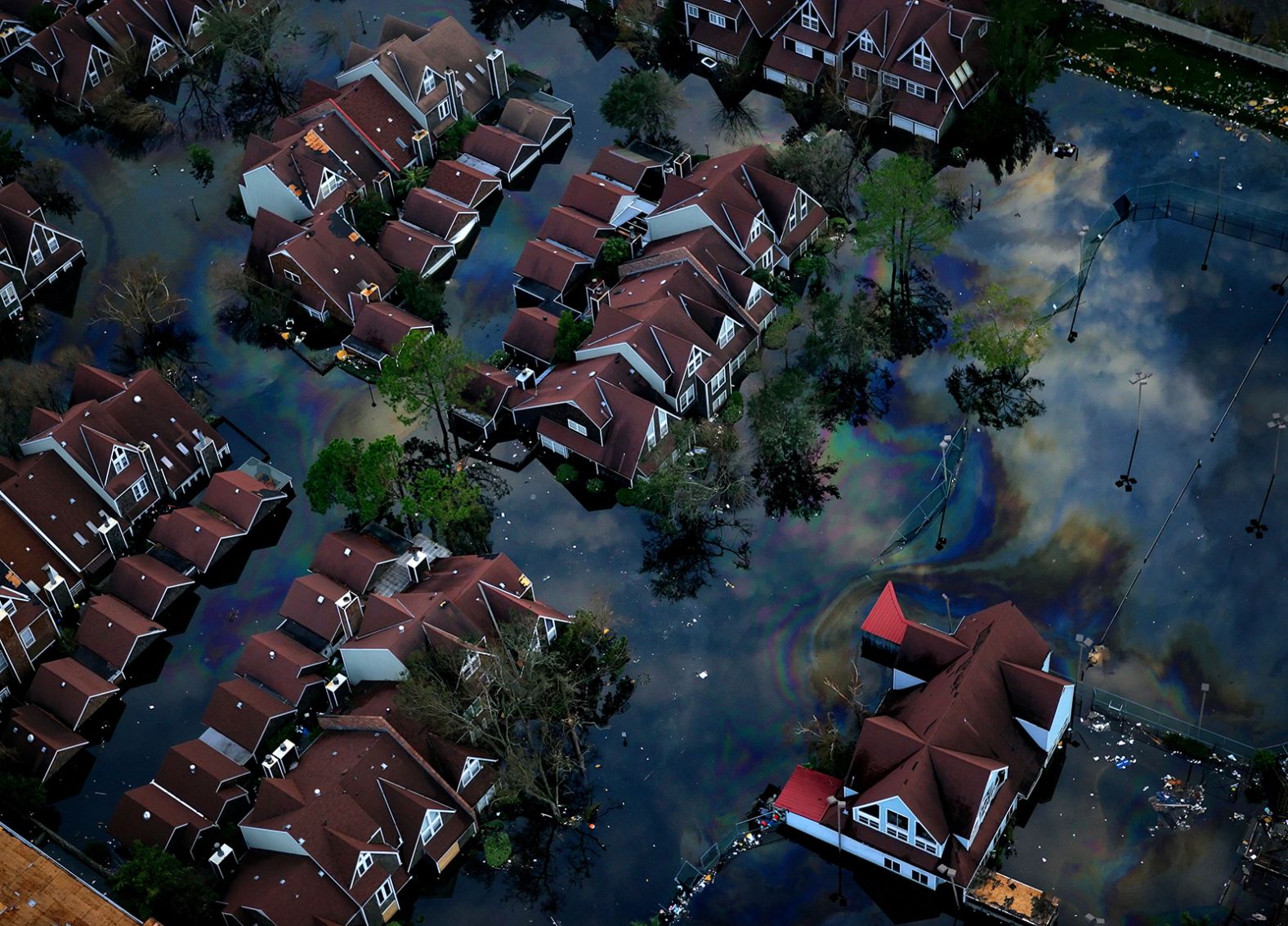 This aerial photo shows a flooded neighborhood adjacent to the 12th Street levee in New Orleans.