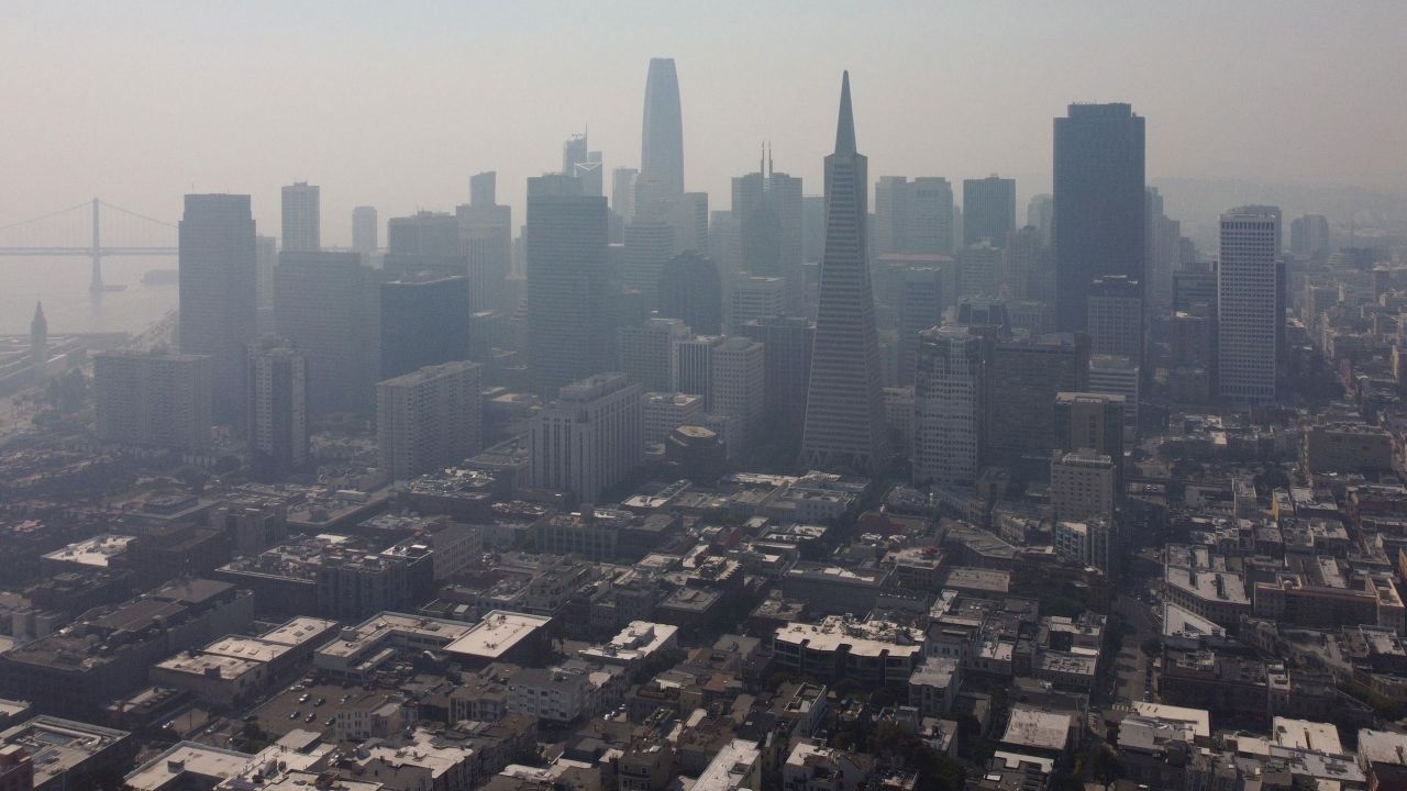 Smoke from nearby wildfires hangs over San Francisco on August 21.