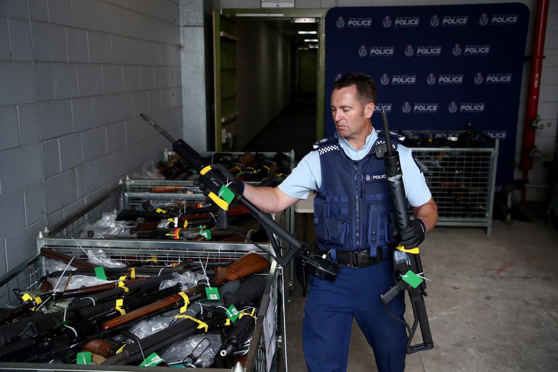 Police Sergeant Jeremy Steedman handles some of the firearms that have been removed from circulation as part of the firearms buyback at the Papakura Police Station on December 21, 2019, in Auckland, New Zealand. 