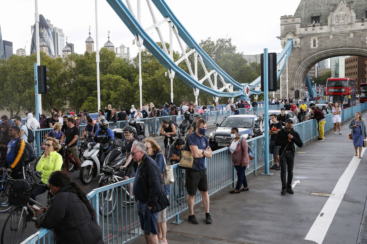 Pedestrians, cyclists and traffic were stuck on Tower Bridge.