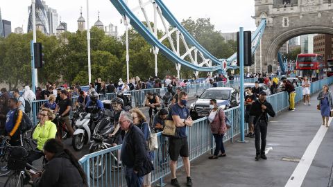 Pedestrians, cyclists and traffic were stuck on Tower Bridge.