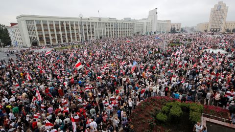 Thousands of protesters gathered at Independence Square in Minsk on Sunday.