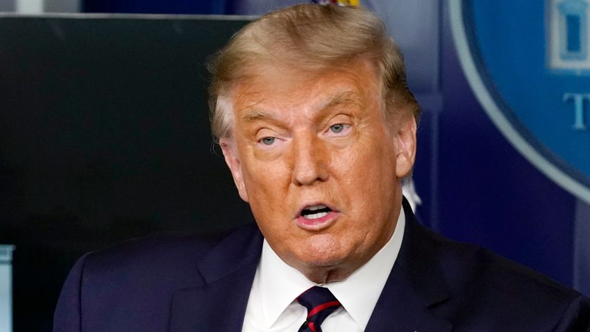 President Donald Trump speaks during a media briefing in the James Brady Briefing Room of the White House, Sunday, Aug. 23, 2020, in Washington.(AP Photo/Alex Brandon)