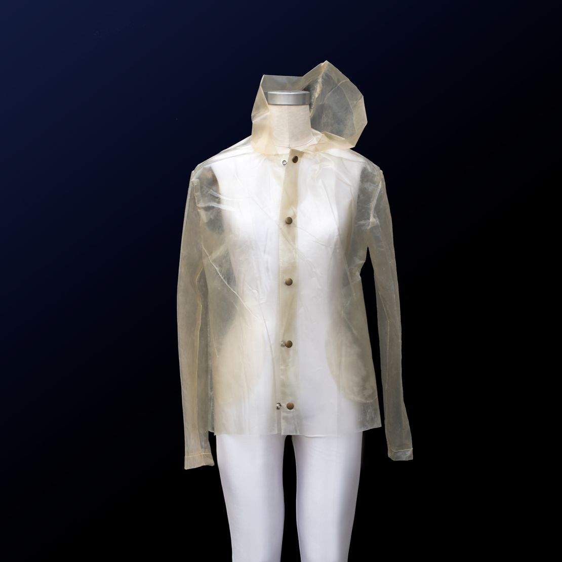 Fabric of the future? Charlotte McCurdy has developed a plastic-like fabric made of algae and fashioned it into a raincoat.