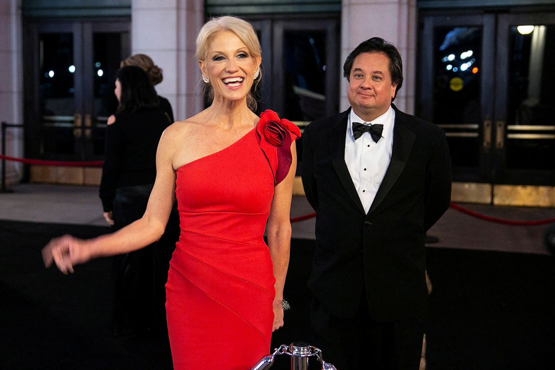 White House Counselor Kellyanne Conway and her husband George Conway arrive for a candlelight dinner at Union Station on the eve of the 58th Presidential Inauguration in  January 2017.