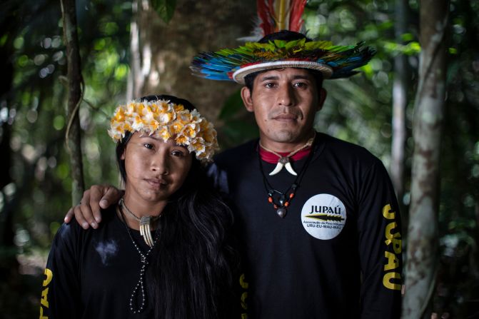 Awapy Uru Eu Wau Wau and his wife Juwi. Awapy is head of the Uru-Eu-Wau-Wau forest surveillance team. He says he and his family have received death threats for his work in forest protection, but he is determined to keep up the fight for future generations.