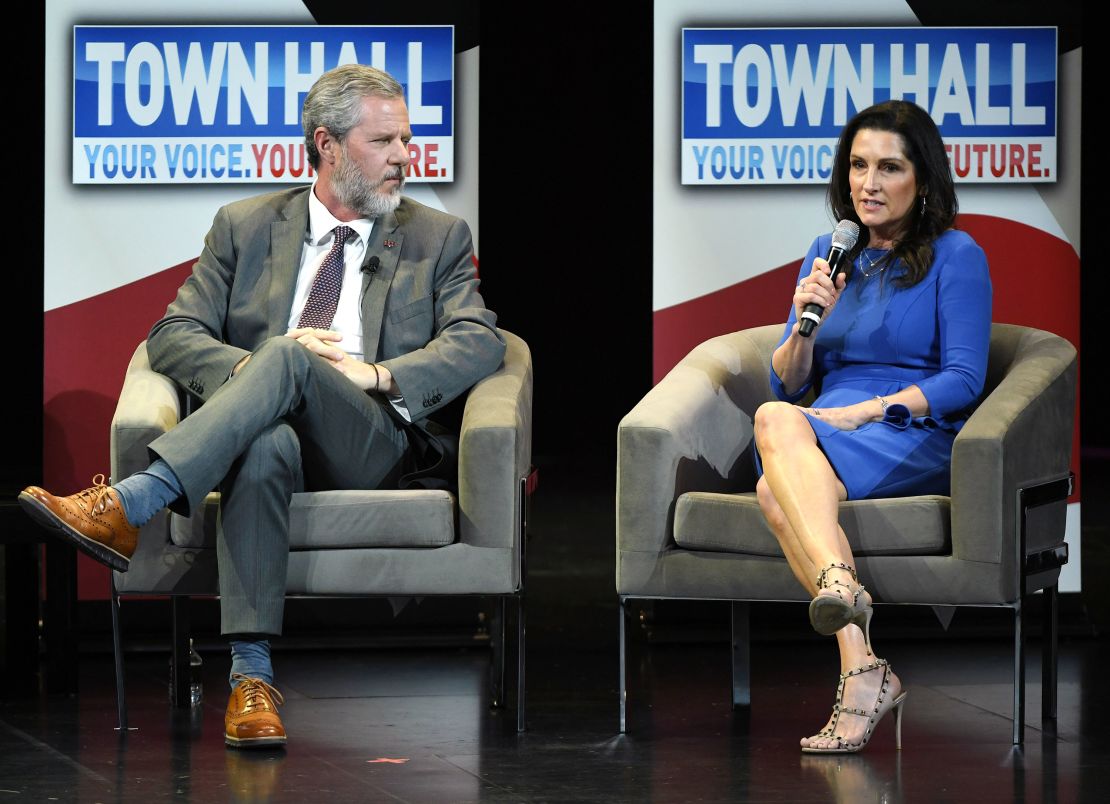 Jerry Falwell Jr. and Becki Falwell speak during a town hall meeting on the opioid crisis on March 5, 2019, in Las Vegas. 