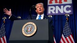 President Donald Trump speaks the Republican National Committee convention site, Monday, Aug. 24, 2020, in Charlotte. (AP Photo/Evan Vucci)