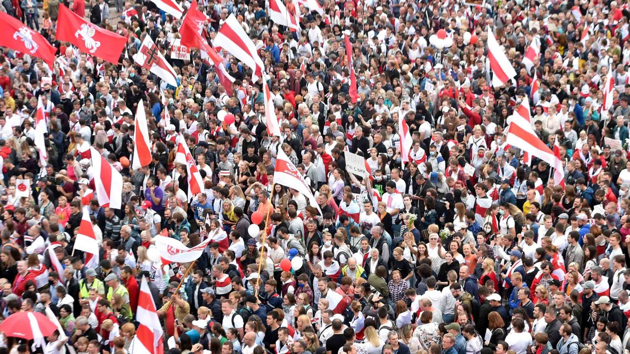 Opposition supporters protest against disputed election results in Minsk on August 23, 2020.