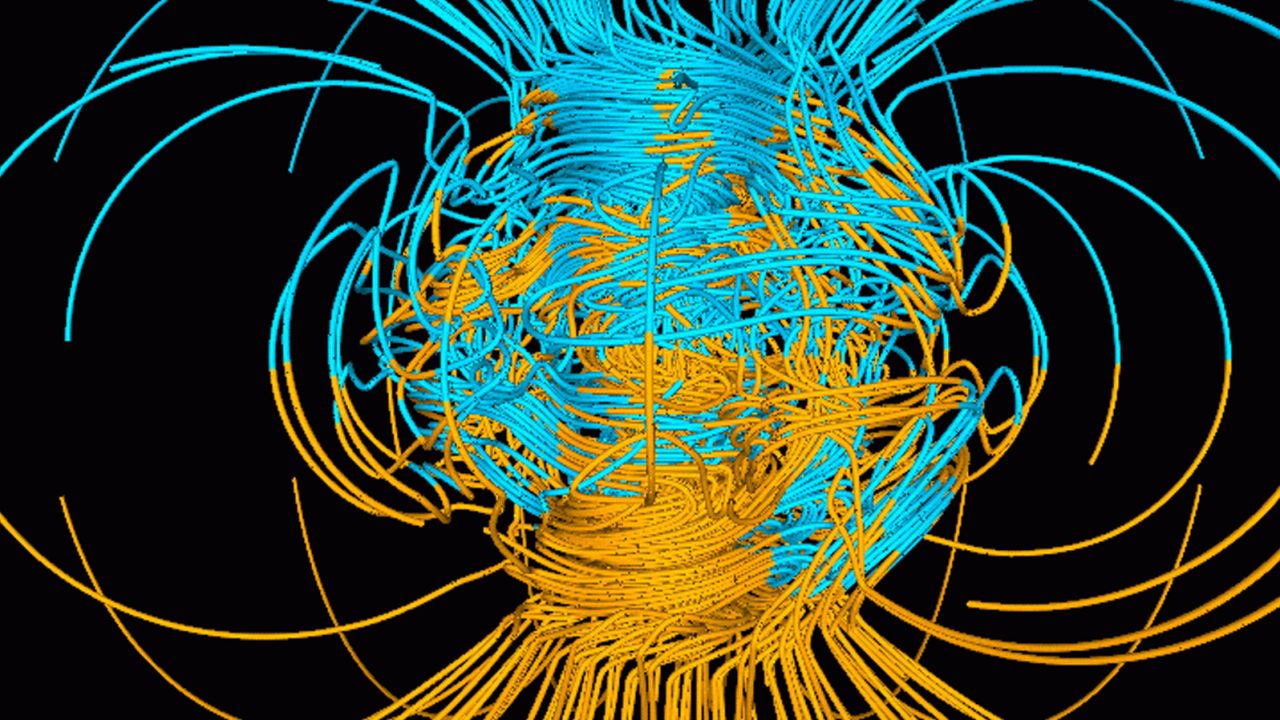 A computer simulation shows the Earth's magnetic field, which is generated by heat transfer in the Earth's core.