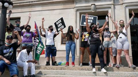 A small group of Black Lives Matter protesters held a rally on the steps of the Kenosha County courthouse Monday, Aug. 24, 2020, in Kenosha, Wisconsin, where police shot Jacob Blake Sunday evening.
