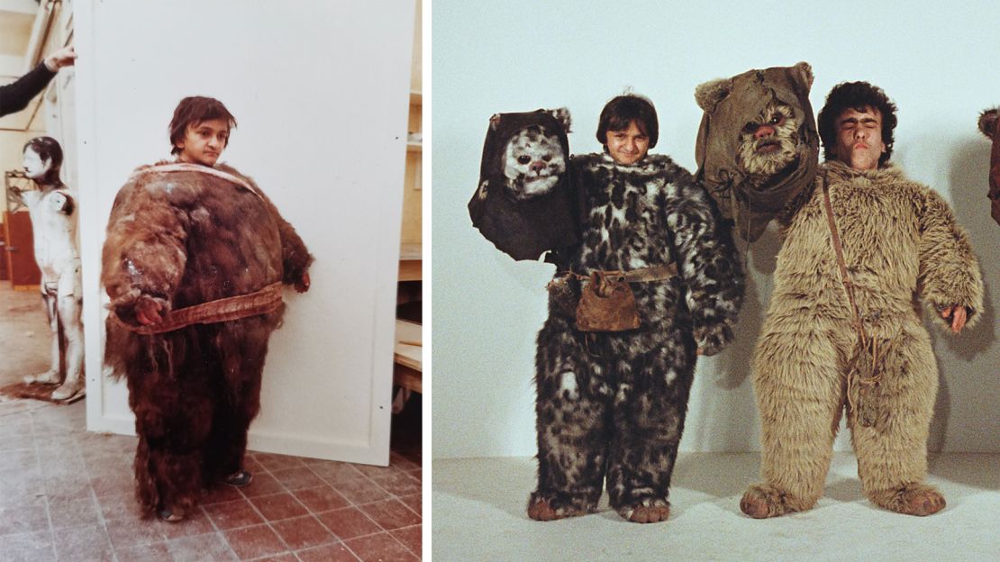 Shah tests a prototype Ewok costume, and right, wearing the finished version for "Return of the Jedi."