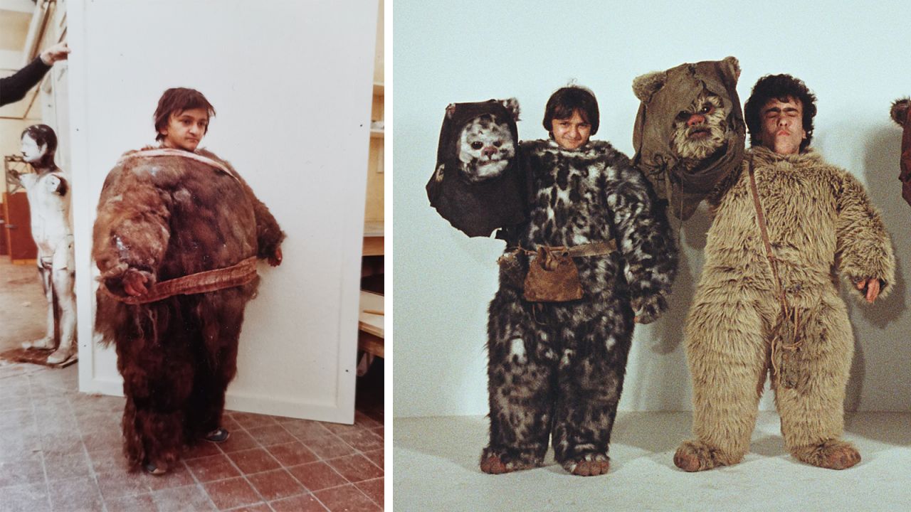 Shah tests a prototype Ewok costume, and right, wearing the finished version for "Return of the Jedi."