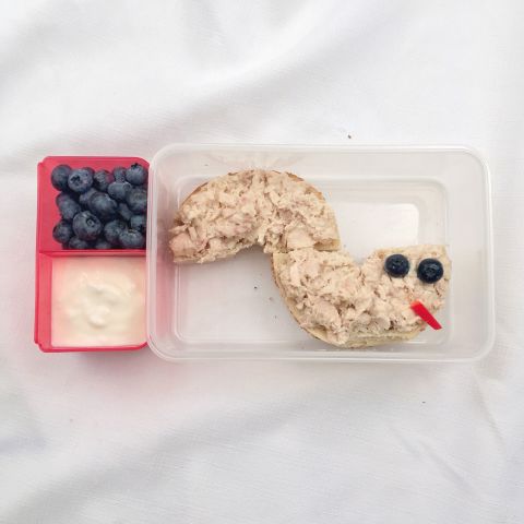 A <a href="http://www.lisadrayer.com/kids-in-the-kitchen-bagel-snake/" target="_blank" target="_blank">bagel snake</a> makes tuna fish salad way more fun to eat. Blueberries and yogurt round out this meal for little ones. 
