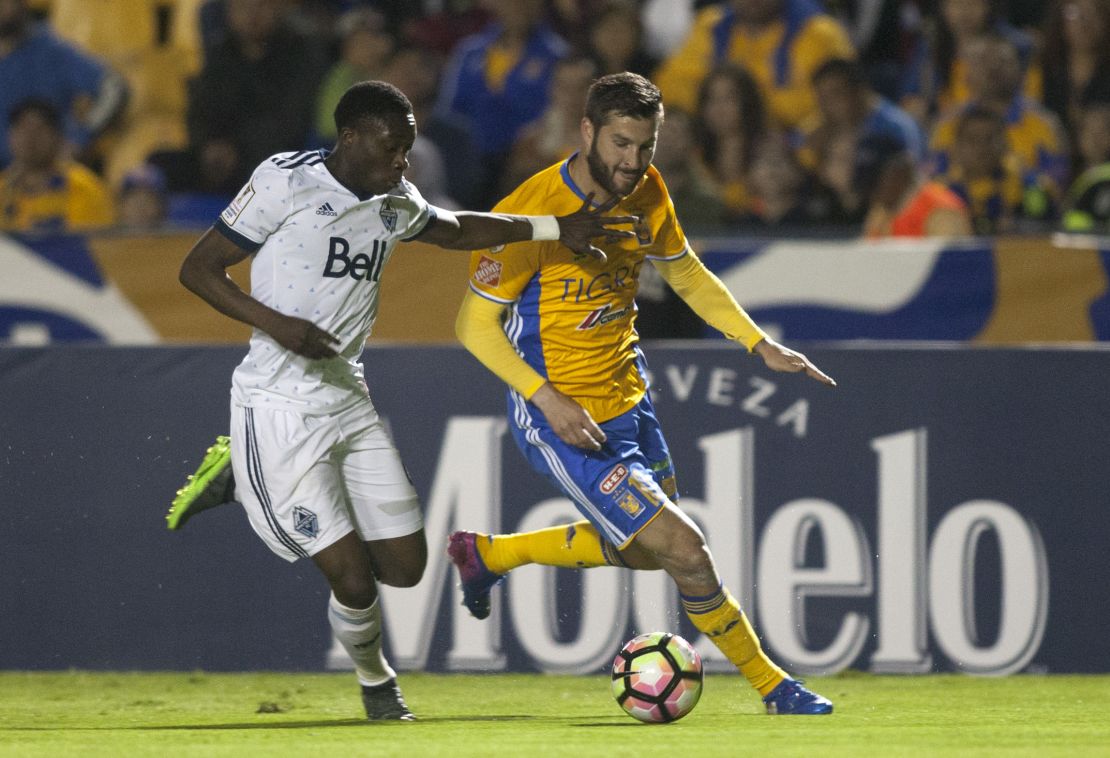Alphonso Davies playing for Vancouver Whitecaps against Tigres in the CONCACAF Champions League.