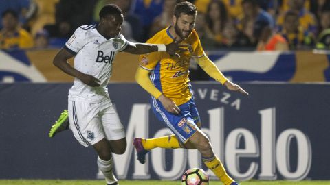 Alphonso Davies playing for Vancouver Whitecaps against Tigres in the CONCACAF Champions League.