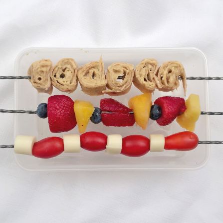 Your kids will also enjoy making these kabobs for <a href="index.php?page=&url=http%3A%2F%2Fwww.lisadrayer.com%2Fkids-in-the-kitchen-lunch-on-a-stick%2F" target="_blank" target="_blank">lunch on a stick</a>. From top: Hummus roll-up, fruit medley, and cheese and tomato.