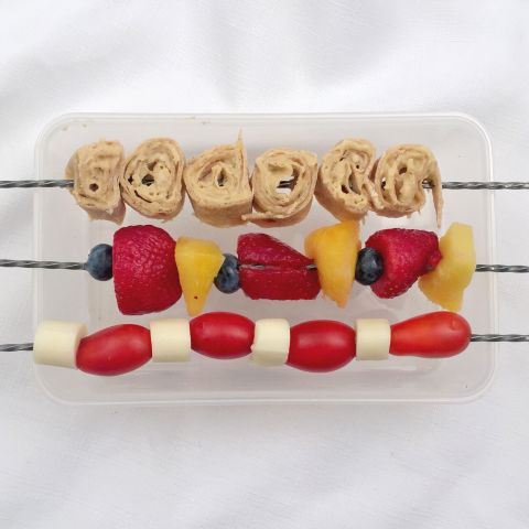 Your kids will also enjoy making these kabobs for <a href="http://www.lisadrayer.com/kids-in-the-kitchen-lunch-on-a-stick/" target="_blank" target="_blank">lunch on a stick</a>. From top: Hummus roll-up, fruit medley, and cheese and tomato.