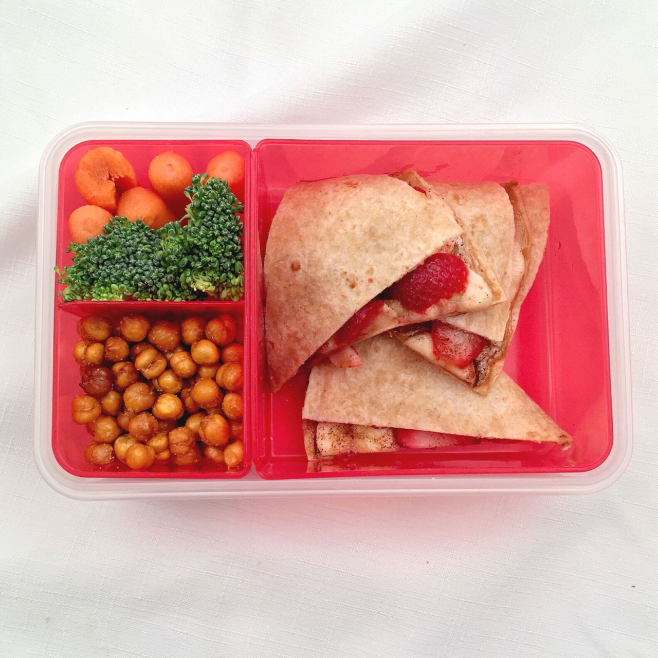 Banana and strawberry slices add sweetness to this tasty <a href="http://www.lisadrayer.com/kids-in-the-kitchen-sunflower-butter-quesadilla/" target="_blank" target="_blank">sunflower butter quesadilla</a>. This meal works well for kids with peanut allergies.