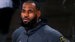 LeBron James of the Los Angeles Lakers stands on the court prior to the start of the game against the Portland Trail Blazers in Game 1 of an NBA basketball first-round playoff series, Tuesday, Aug. 18, 2020, in Lake Buena Vista, Fla. (Mike Ehrmann/Pool Photo via AP)