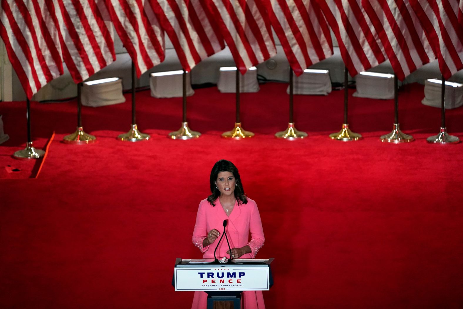 Former UN Ambassador Nikki Haley gives a prime-time speech Monday. <a href="https://www.cnn.com/politics/live-news/rnc-2020-day-1/h_e55c6399af1fc20d68c3f35d924b01fe" target="_blank">Haley sought to demonstrate Trump's leadership around the world,</a> saying he has been tough against North Korea, Iran and China. She praised Trump for passing sanctions on North Korea and said he "ripped up the Iran nuclear deal."