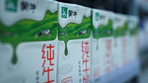 Mengniu milk products seen on a shelf at a store in Beijing in 2019.