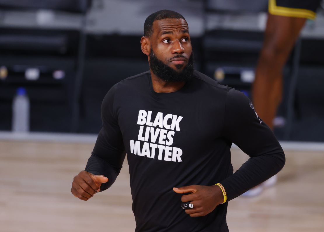 LeBron James wears a Black Lives Matter t-shirt as he warms up against the Portland Trail Blazers.