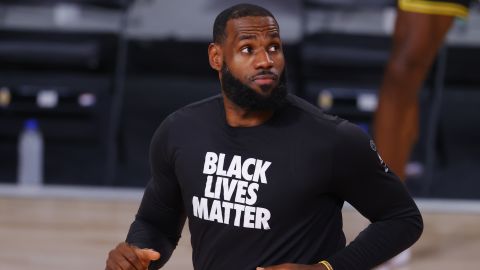 LeBron James wears a Black Lives Matter t-shirt as he warms up against the Portland Trail Blazers.