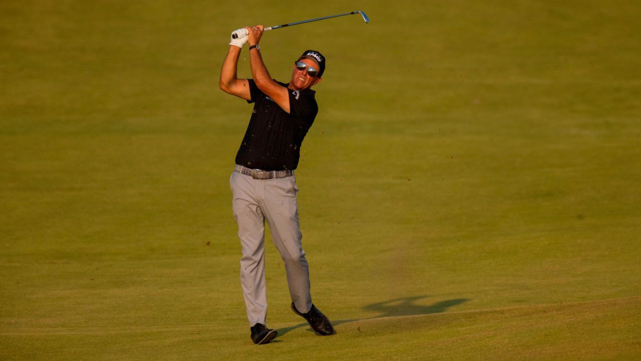 Mickelson hits from the 18th fairway during round one of the Charles Schwab Series.