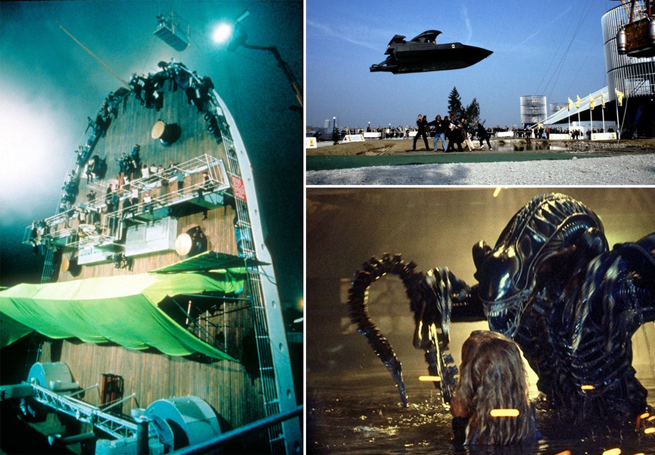 Clockwise from left: The pivoting Titanic set from which Shah and other stunt crew would hang; a stunt sequence from "The World Is Not Enough" (Shah played a child avoiding the boat piloted by James Bond); a still from "Aliens," in which Shah performed stunts for child actor Carrie Henn.