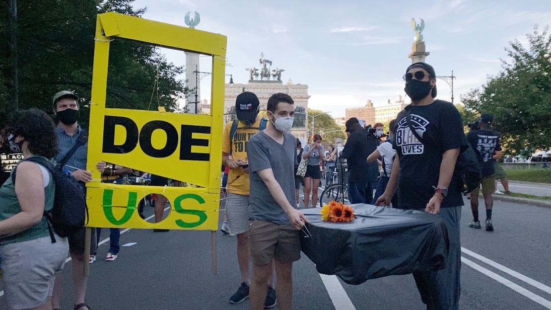 New York City teachers carried a mock casket in a protest against school reopening plans on August 20, 2020.