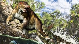 Life reconstruction of the putative attack of a young to sub-adult Purussaurus on the ground sloth Pseudoprepotherium in a swamp of proto-Amazonia.