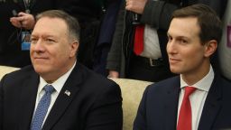 WASHINGTON, DC - JANUARY 27: Secretary of State Mike Pompeo (L) and Senior White House Advisor Jared Kushner attend a meeting in the Oval Office with U.S. President Donald Trump and Israeli Prime Minister Benjamin Netanyahu, at the White House on January 27, 2020 in Washington, DC. President Trump said tomorrow he will announce the administration's much-anticipated plan to resolve the Israeli-Palestinian conflict. (Photo by Mark Wilson/Getty Images)