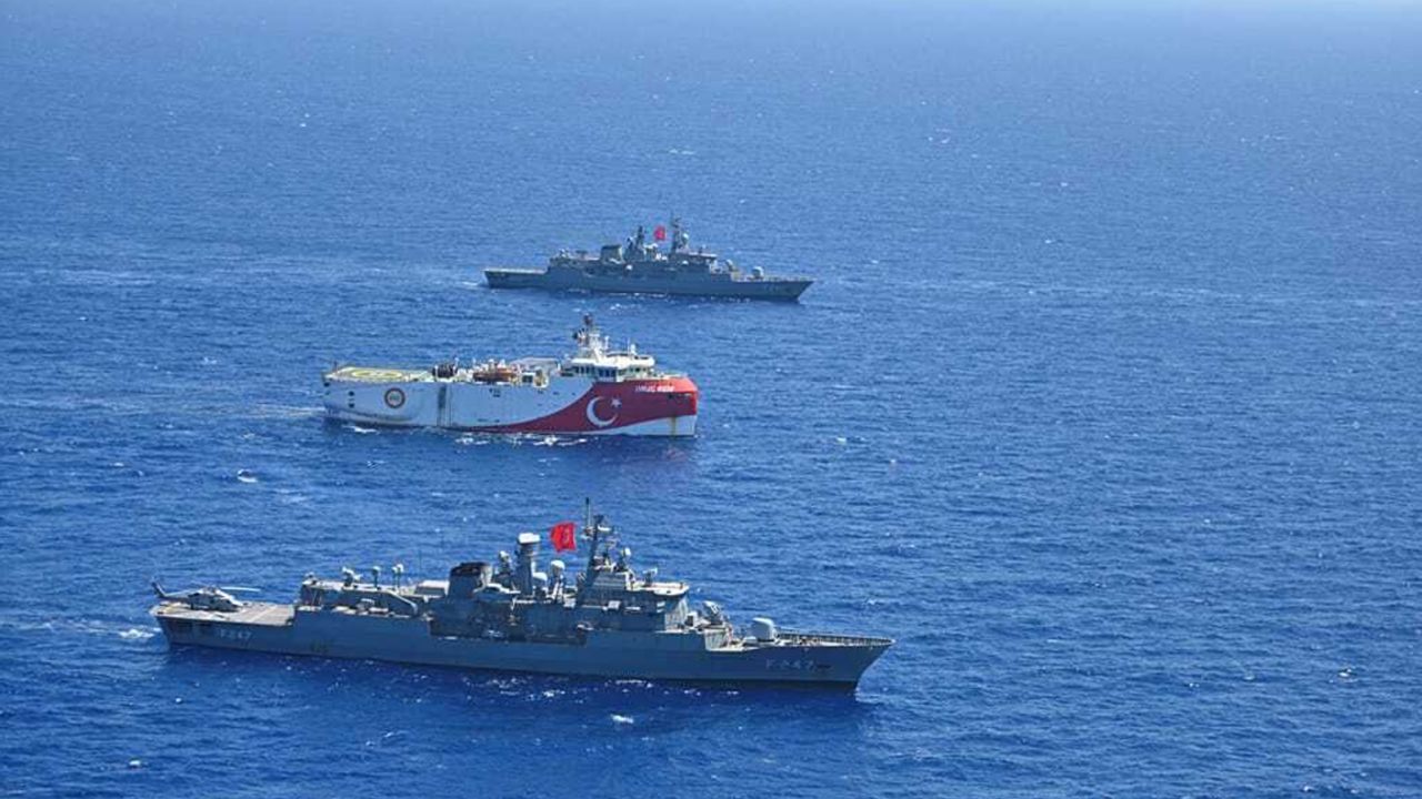 Turkey's Oruc Reis seismic vessel, escorted by Turkish navy, in the Eastern Mediterranean on Aug. 20, 2020.