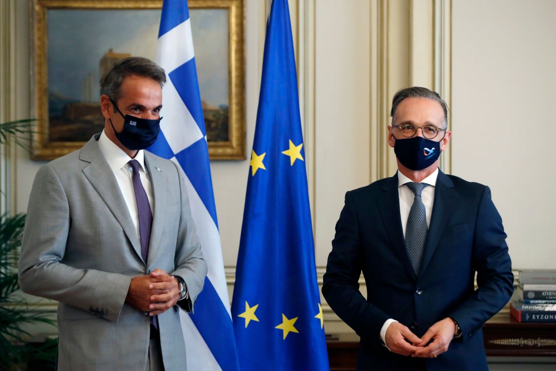 Greece's Prime Minister Kyriakos Mitsotakis, left, and Germany's Foreign Minister Heiko Maas met in Athens on Aug. 25, 2020.