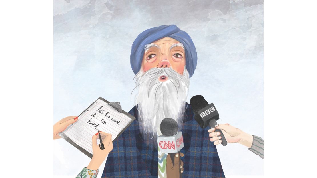 An illustration from the book "Fauja Singh Keeps Going" depicts the marathon runner answering questions from reporters.