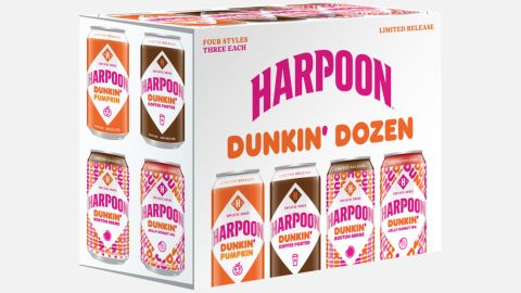 Multi-pack of Harpoon Brewery and Dunkin' seasonal beer collaboration that includes a coffee porter, pumpkin spiced latte ale and the doughnut-infused Boston Kreme Stout and Jelly Donut IPA.