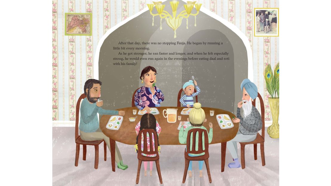 A page from "Fauja Singh Keeps Going" shows him with his family at the dinner table.