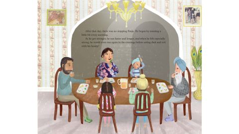 A page from "Fauja Singh Keeps Going" shows him with his family at the dinner table.