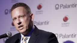 Peter Thiel, co-founder and chairman of Palantir Technologies Inc., speaks during a news conference in Tokyo, Japan, on Monday, Nov. 18, 2019. The billionaire entrepreneur was in Japan to unveil a $150 million, 50-50 joint venture with local financial services firm Sompo Holdings Inc. Palantir Technologies Japan Co. will target government and public sector customers, emphasizing health and cybersecurity initially. Photographer: Kiyoshi Ota/Bloomberg via Getty Images