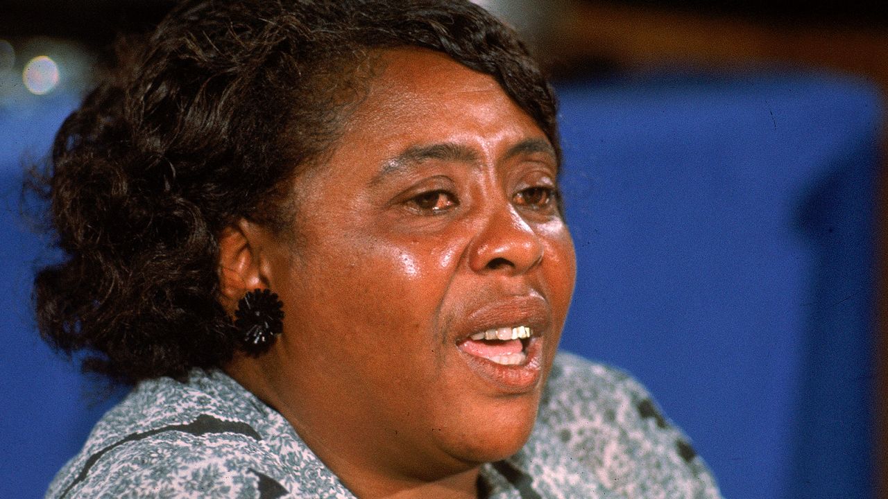 American civil rights leader Fannie Lou Hamer testifies before the Credentials Committee at Democratic National Convention in speech that was televised nationally in Atlantic City, New Jersey, on August 22, 1964. 