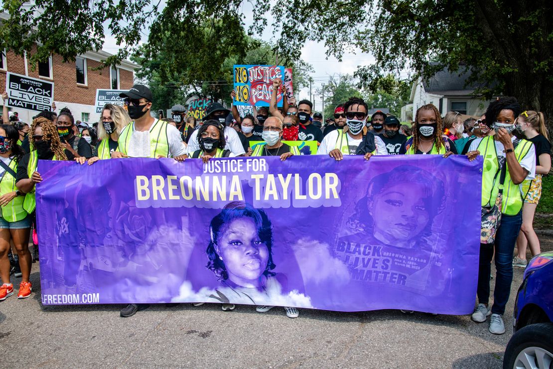 Protesters calling for justice in the shooting of Breonna Taylor march on August 25, 2020, in Louisville, Kentucky.