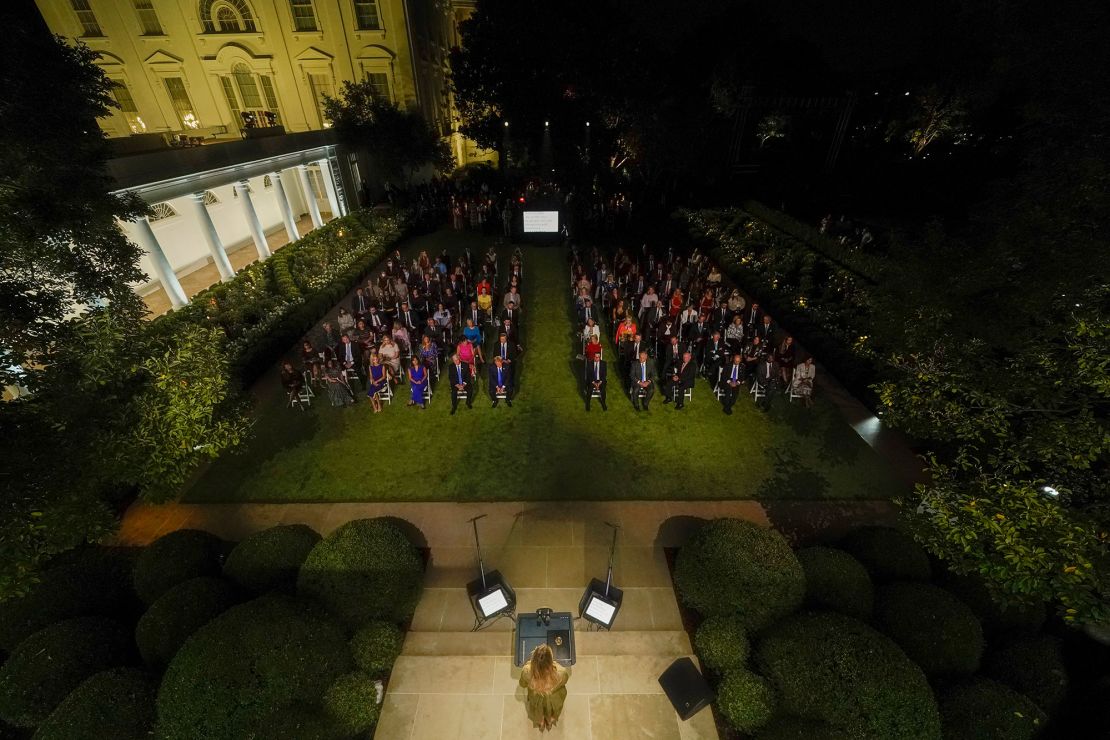 First lady Melania Trump speaks on the second night of the Republican National Convention from the Rose Garden of the White House, Tuesday, Aug. 25, 2020, in Washington. (AP Photo/Evan Vucci)