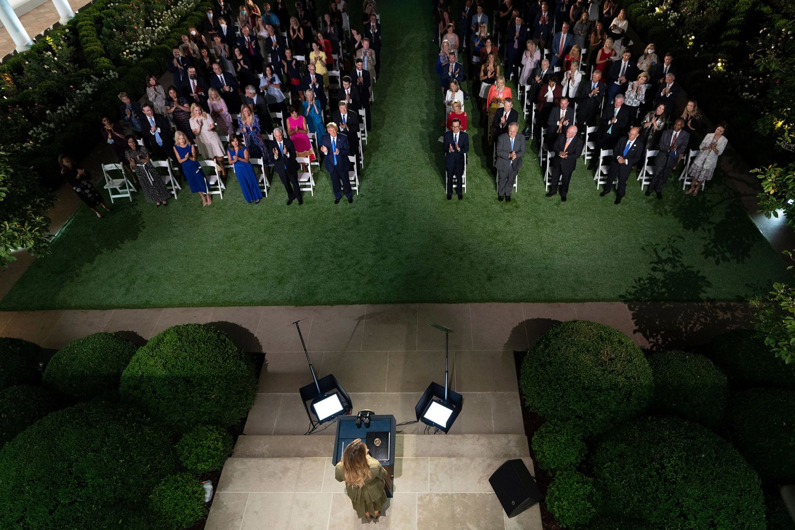 First lady Melania Trump gives a speech at the White House during the Republican National Convention. "I want to acknowledge the fact that since March, our lives have changed drastically. The invisible enemy Covid-19 swept across our beautiful country and impacted all of us," she said as her husband sat in the front row of an audience that did not appear to be socially distanced.